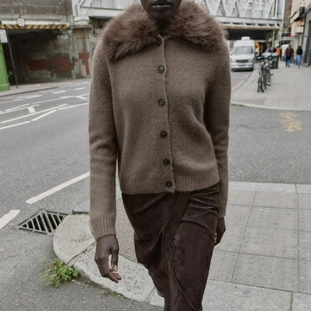 NWT Zara Faux Fur Lapel Wool Knit Button-Front Cardigan Sweater In Brown - S
